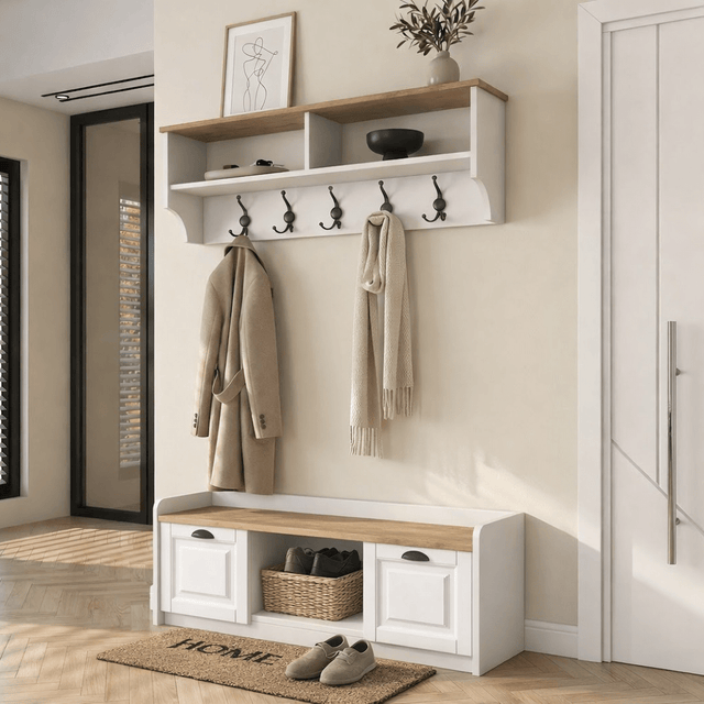 Furniture sets - Furniture set Coat rack - Shoe cabinet - White - Oak Melamine - Hally - Dimehouse
