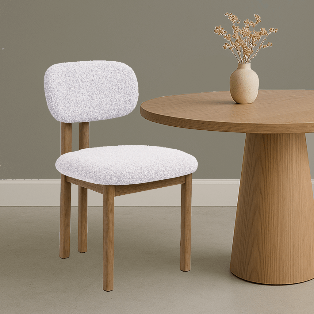 Dining room chairs - Japandi Dining room chair Miyo Bouclé Beige - Oak look Frame - Dimehouse