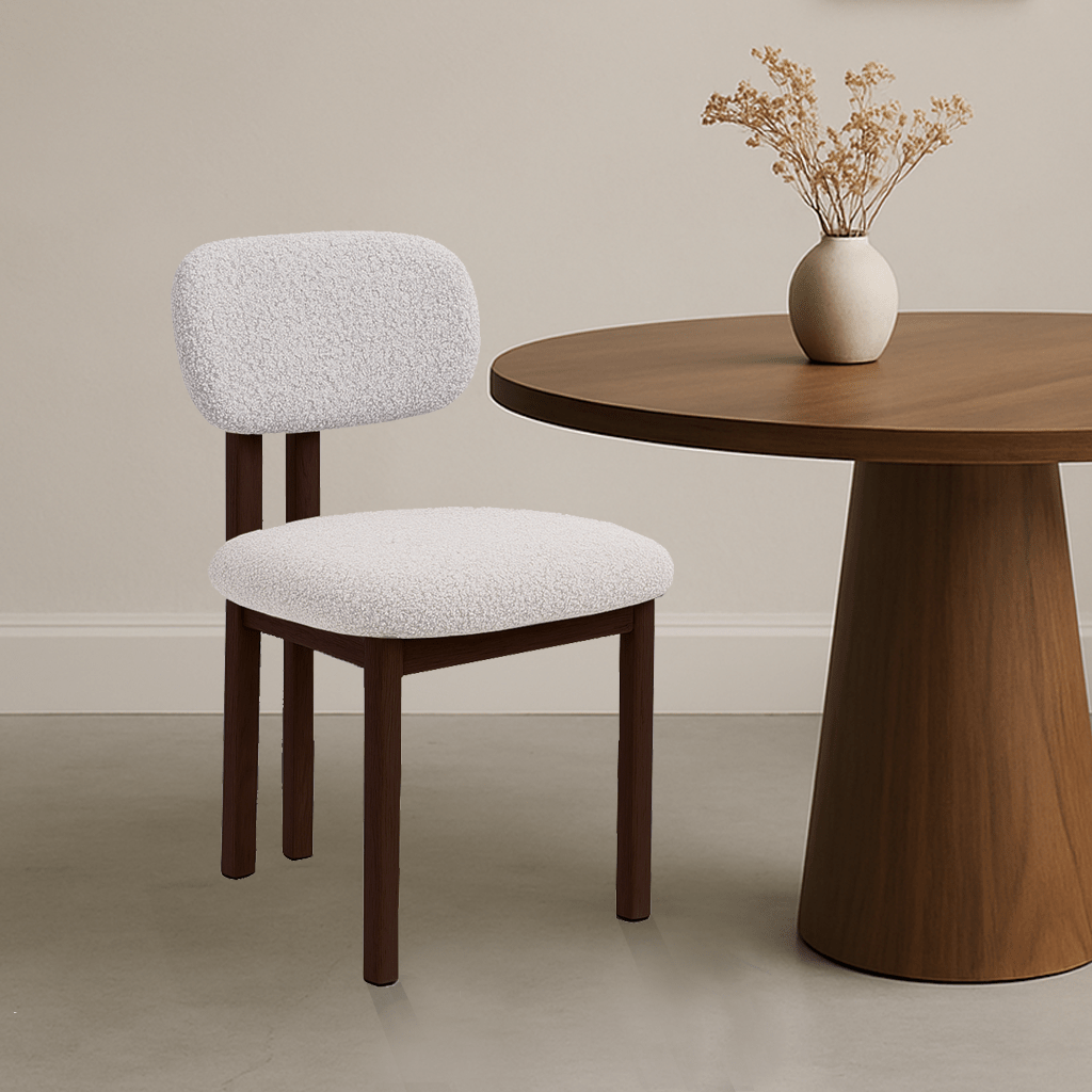 Dining room chairs - Japandi Dining room chair Miyo Bouclé Beige - Walnut look Frame - Dimehouse