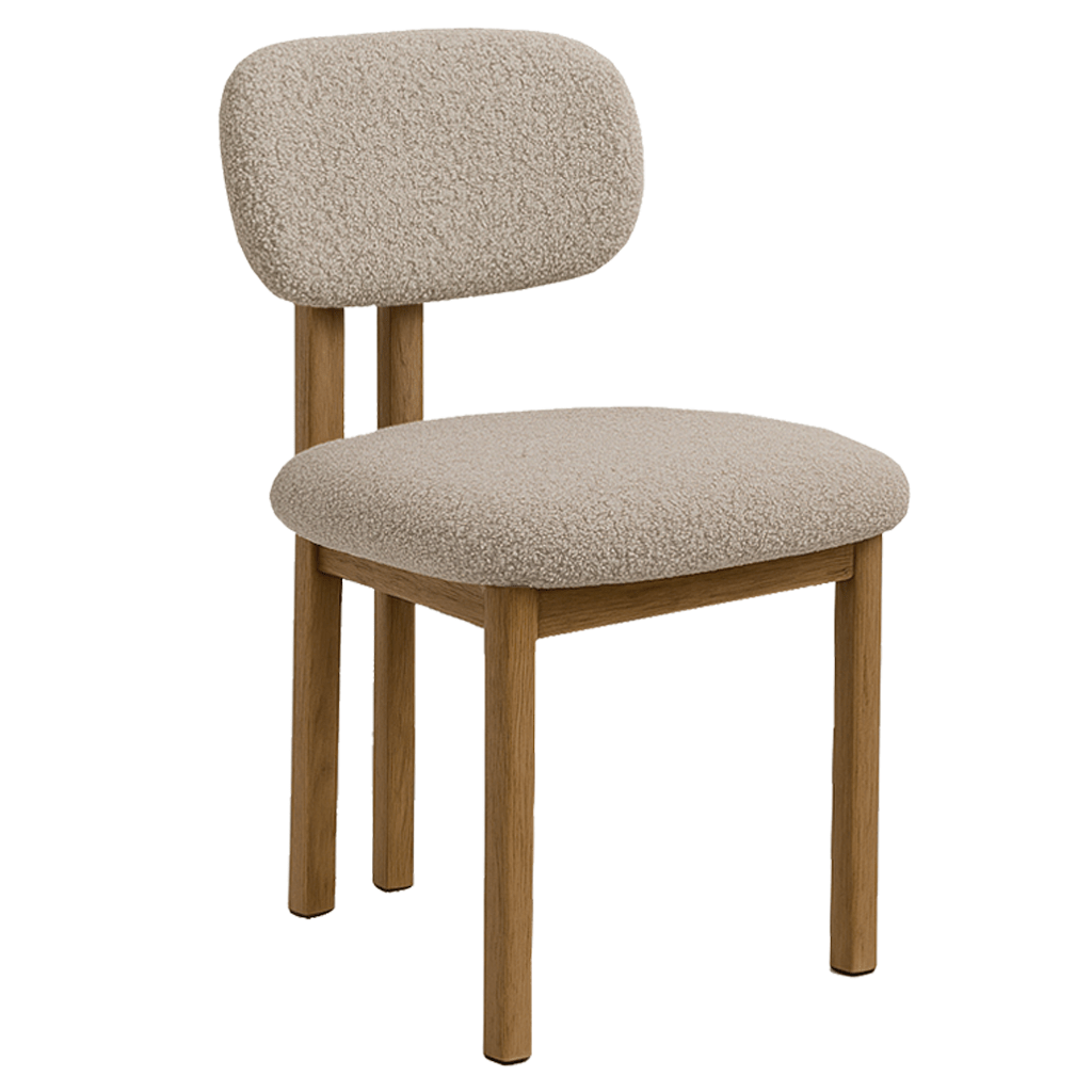 Dining room chairs - Japandi Dining room chair Miyo Bouclé Sand color - Oak look Frame - Dimehouse