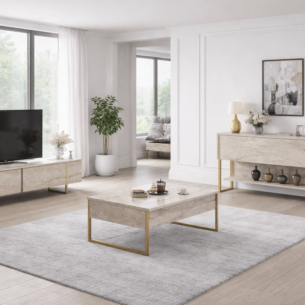 Sideboards - Modern Sideboard Travertine Luxury 120x80x30 - Gold Frame - One Compartment - Dimehouse
