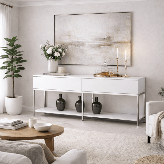 Sideboards - Modern Sideboard White Lord 150x30x80 - Silver Frame - Two Compartments - Dimehouse