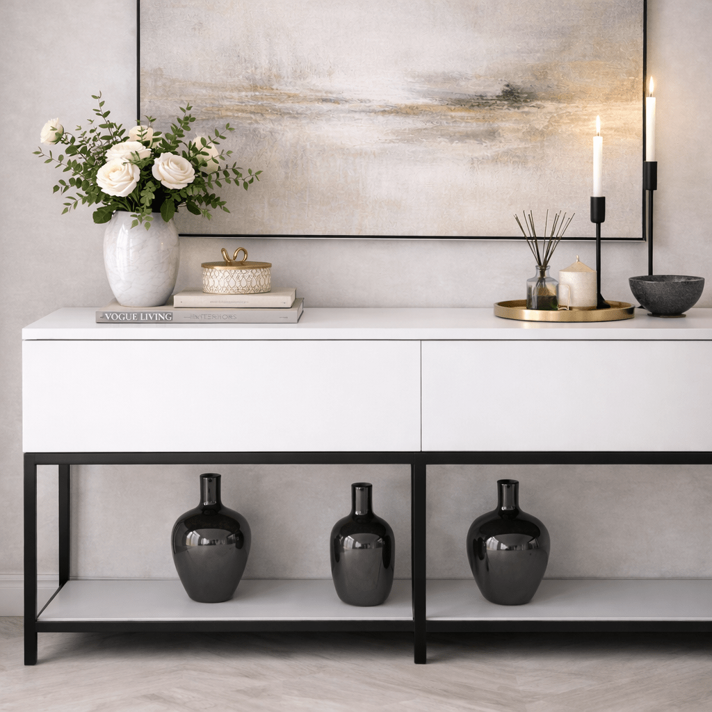 Sideboards - Modern Sideboard White Lord 150x30x80 - Black Frame - Two Compartments - Dimehouse