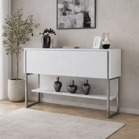 Sideboards - Modern Sideboard White Luxury 120x80x30 - Silver Frame - One Compartment - Dimehouse