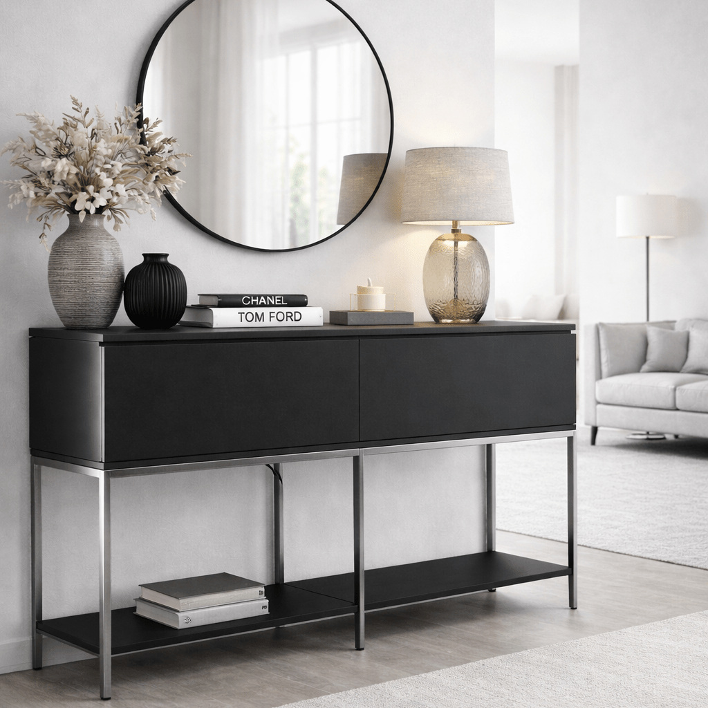Sideboards - Modern Sideboard Black Lord 150x30x80 - Silver Frame - Two Compartments - Dimehouse