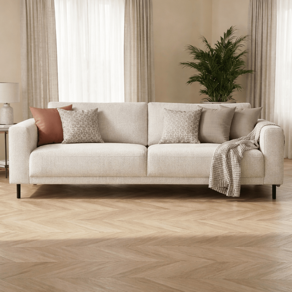 Sofas - Modern 3-seater Sofa Beige Fabric Aniko 213x90x78 cm - Dimehouse