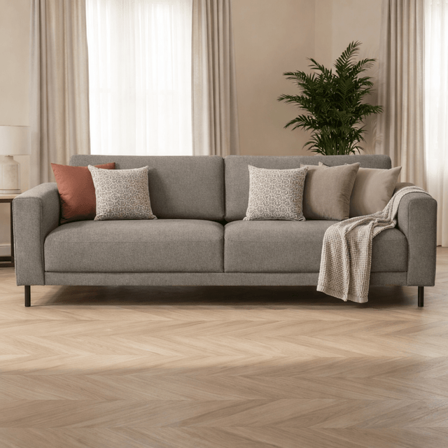 Sofas - Modern 3-seater Sofa Taupe Fabric Aniko 213x90x78 cm - Dimehouse