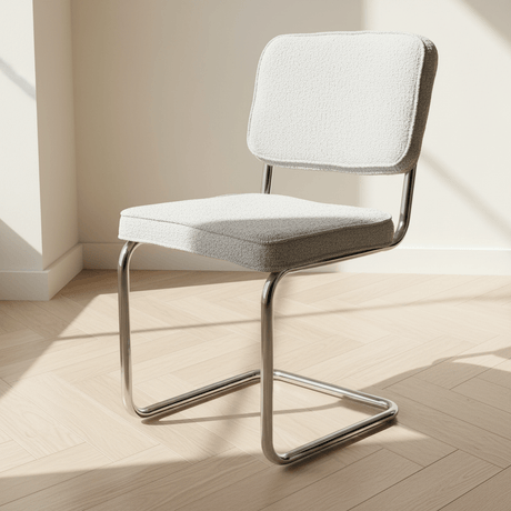 Modern Dining Room Chair Gray Bouclé Fabric Sway - Chrome Frame - Without Armrests