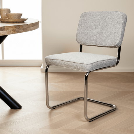 Modern Dining Room Chair Sand Color Bouclé Fabric Sway - Chrome Frame - Without Armrests in a modern interior