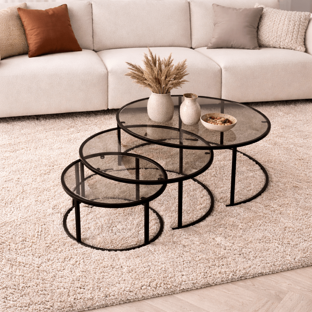 Coffee Tables - Modern Coffee Table Set of 3 Uru Black - Gray Glass - 80/60/42 cm - Dimehouse