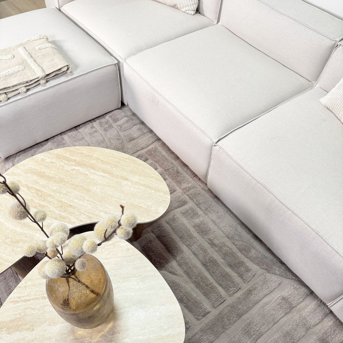 Sofas - Modular corner sofa with loose stool ecru beige linen fabric Fora - left - Dimehouse
