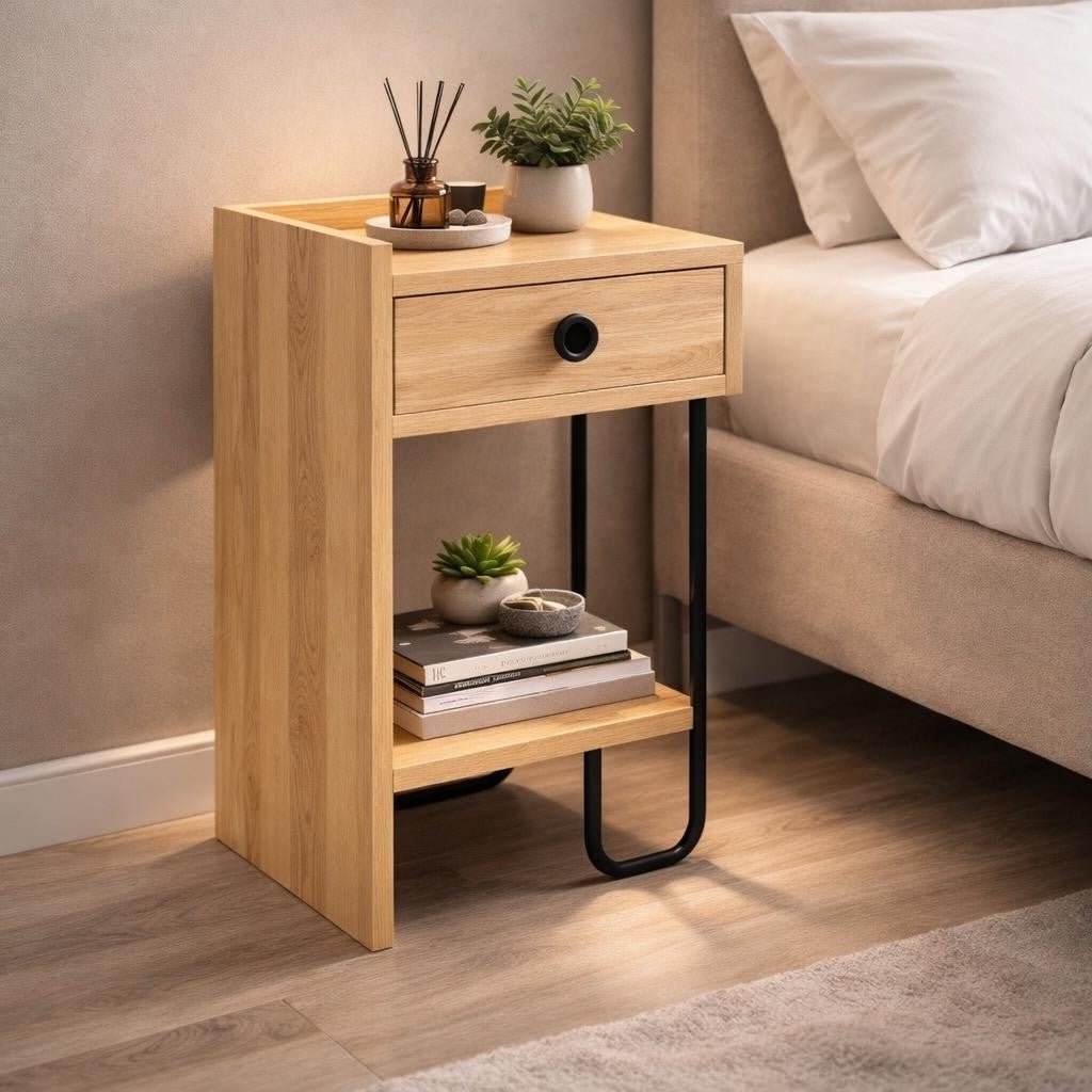 Bedside tables - Bedside table Sirius Left Oak Melamine 32x61x30 cm - Dimehouse