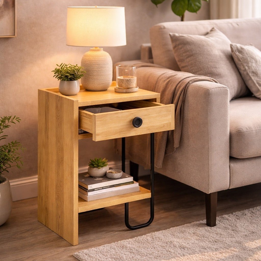 Bedside tables - Bedside table Sirius Left Oak Melamine 32x61x30 cm - Dimehouse