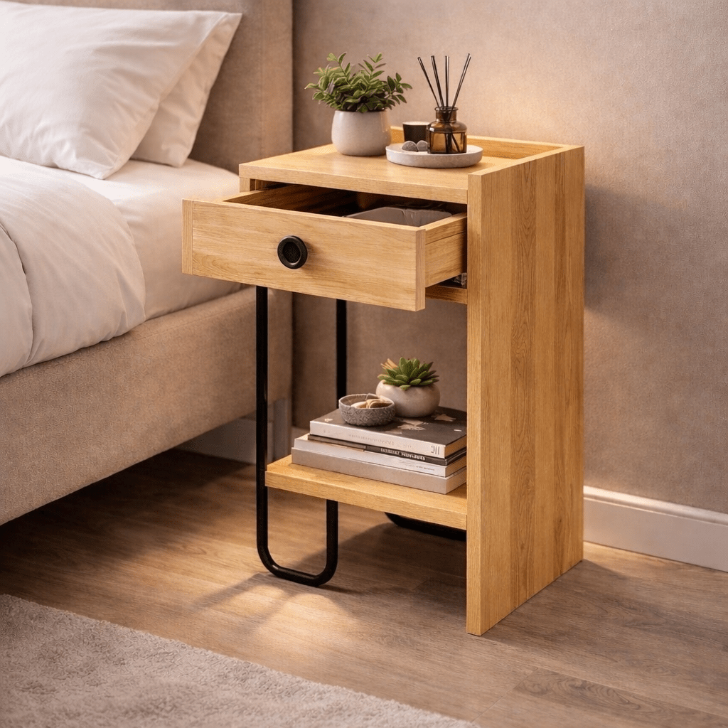 Bedside tables - Bedside table Oak Melamine - With drawer - Right - 32x61x30 cm - Sirius - Dimehouse