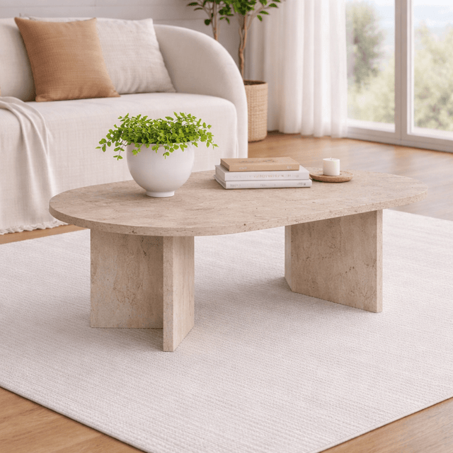 Coffee tables - Oval coffee table travertine melamine - Japandi - 119x60 cm - Sota - Dimehouse