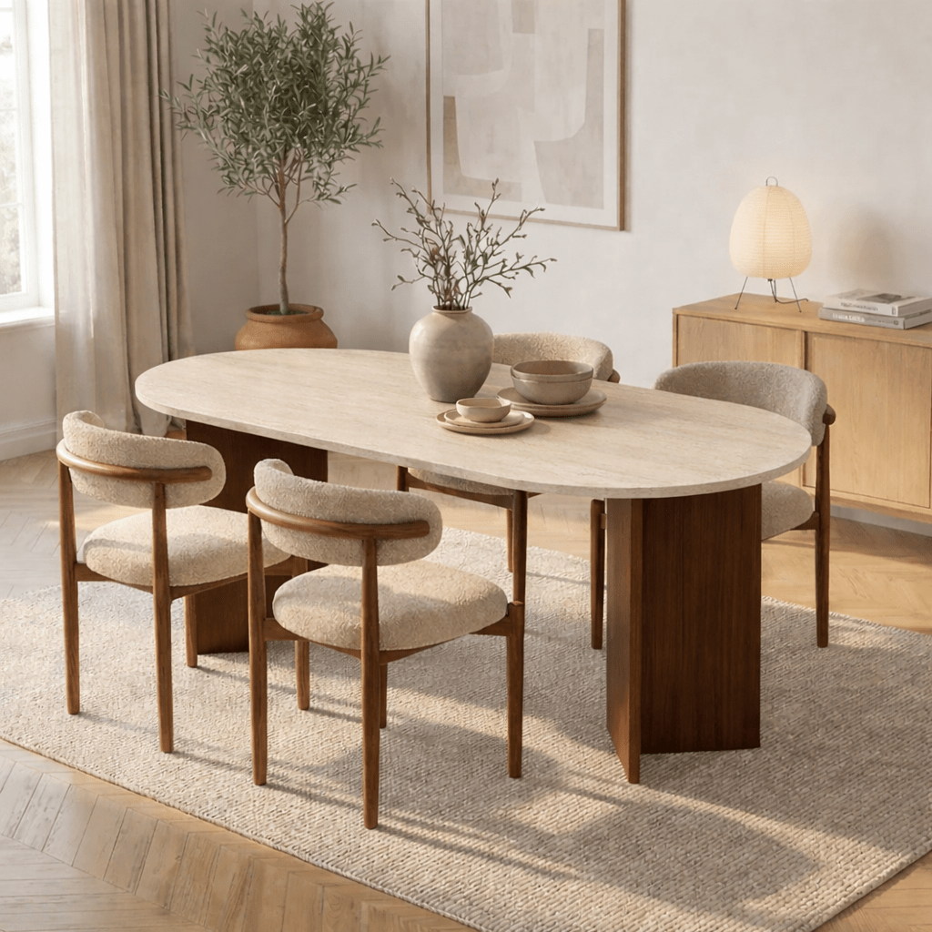 Dining tables - Oval dining table travertine top - walnut melamine - 180x89.5x75 cm - Sota - Dimehouse