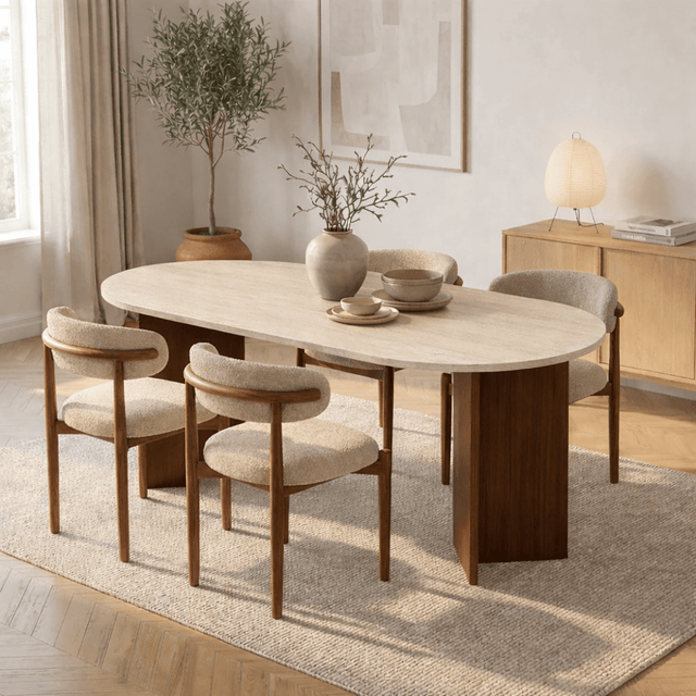 Dining tables - Oval dining table travertine top - walnut melamine - 180x89.5x75 cm - Sota - Dimehouse