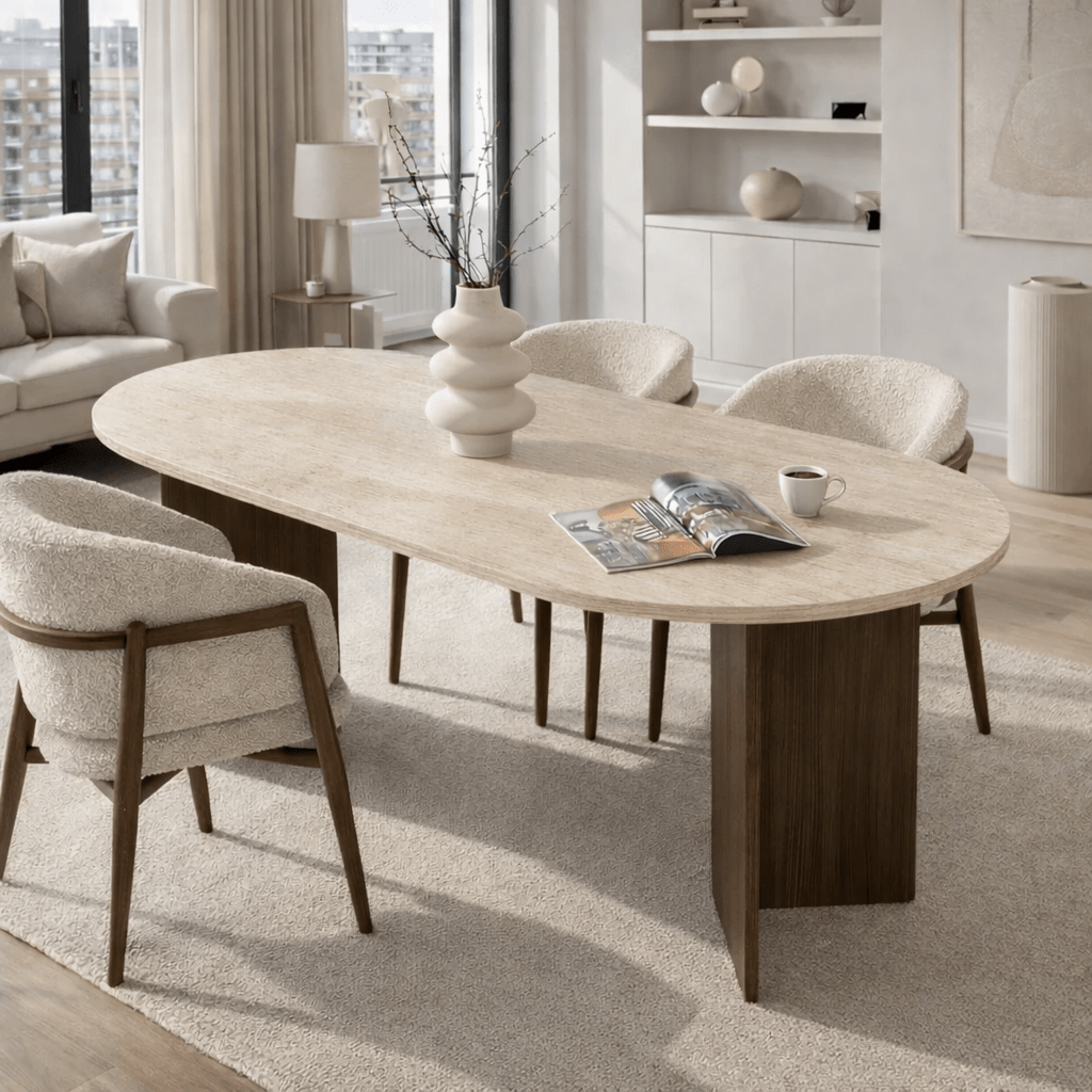 Dining tables - Oval dining table travertine top - walnut melamine - 180x89.5x75 cm - Sota - Dimehouse