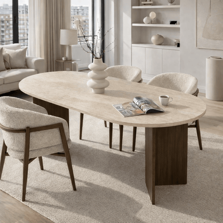Dining tables - Oval dining table travertine top - walnut melamine - 180x89.5x75 cm - Sota - Dimehouse