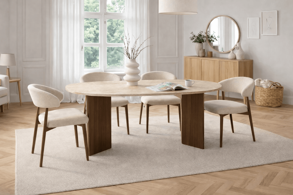 Dining tables - Oval dining table travertine top - walnut melamine - 180x89.5x75 cm - Sota - Dimehouse