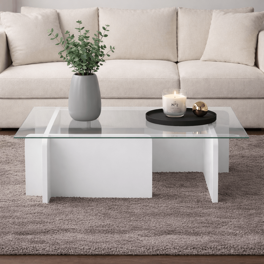 Coffee tables - Coffee table White Melamine Glass Opal 105x65x30 cm - Dimehouse