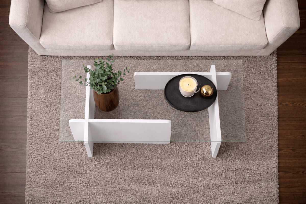 Coffee tables - Coffee table White Melamine Glass Opal 105x65x30 cm - Dimehouse