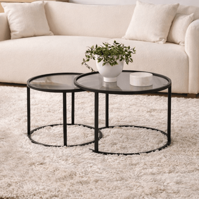 Coffee tables - Coffee table set of 2 Round Glass - Black Frame - 42 and 60 cm - Barlin - Dimehouse
