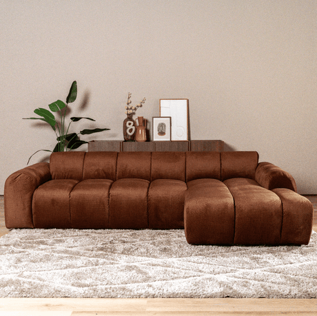 Sofas-Corner sofa with lounge copper velvet textured fabric - stripes - right - Brix-Dimehouse