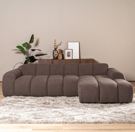 Sofas-Corner sofa with lounge soft brown bouclé fabric - stripes - right - Brix -Dimehouse