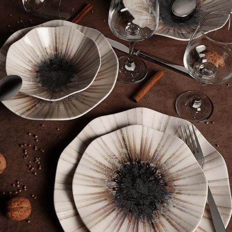 Dinner Set (24 Pieces) - Porcelain tableware set - 24 pieces - Beige with black - Solar - Dimehouse
