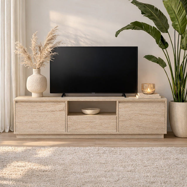 TV Furniture - TV Furniture Japandi Travertine Melamine - three cabinets - 160x42x29.5 cm - Flare - Dimehouse