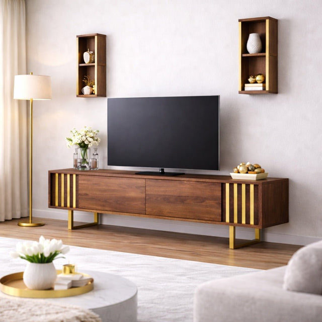 TV Furniture - TV Furniture Set Gold Line Walnut Black Melamine 180x48x30 cm - Dimehouse