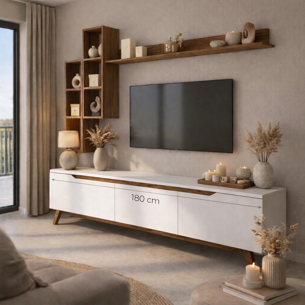 TV Furniture - TV Furniture Set Iona White Dark Walnut Melamine 180x48.6x35 cm - Dimehouse