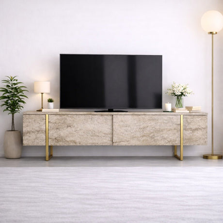 TV Furniture - TV Furniture Travertine Luxury 180x50x30 - Golden Frame - Dimehouse
