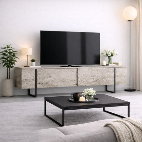 TV Furniture - TV Furniture Travertine Luxury 180x50x30 - Black Frame - Dimehouse