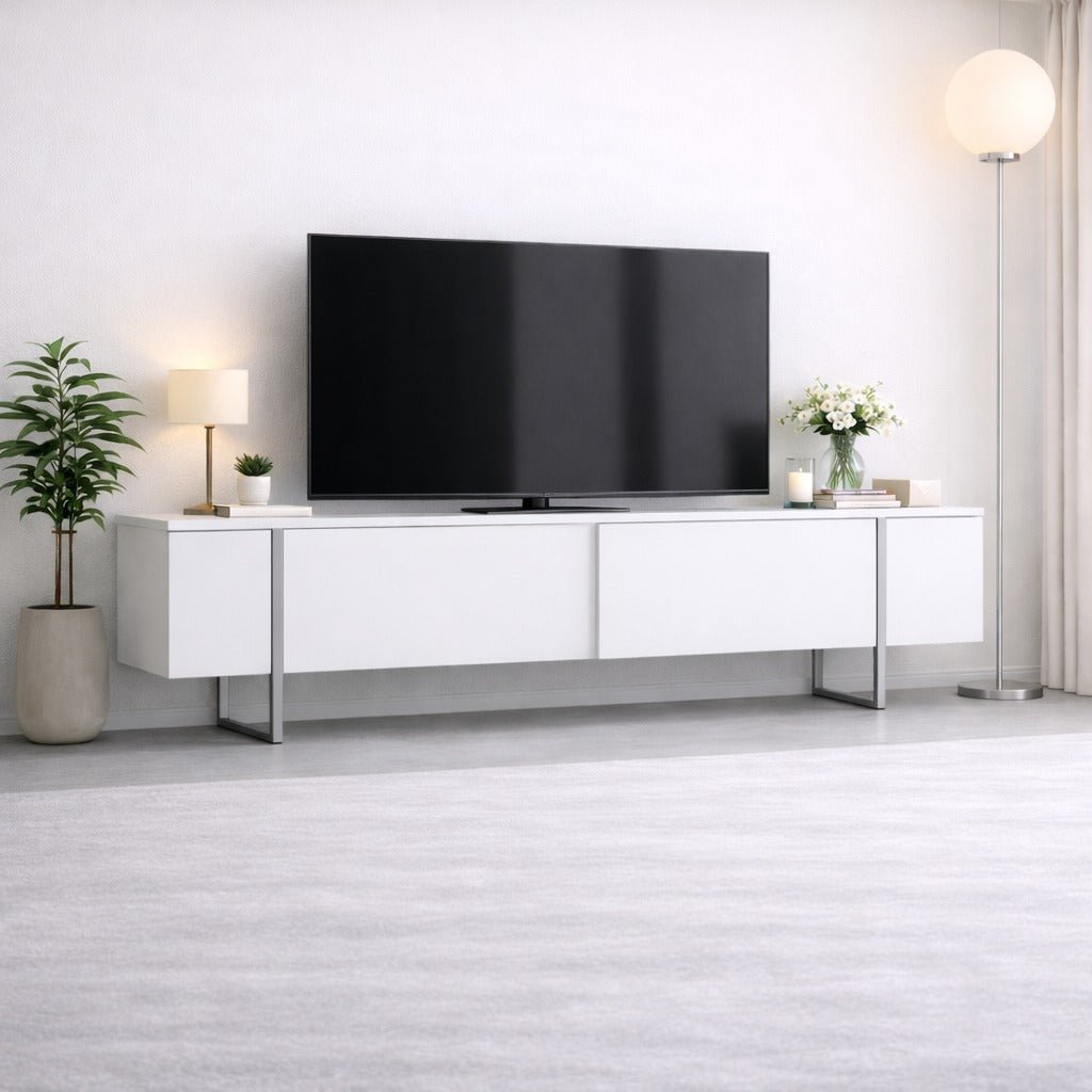 TV Furniture - TV Furniture White Luxury 180x50x30 - Silver Frame - Dimehouse