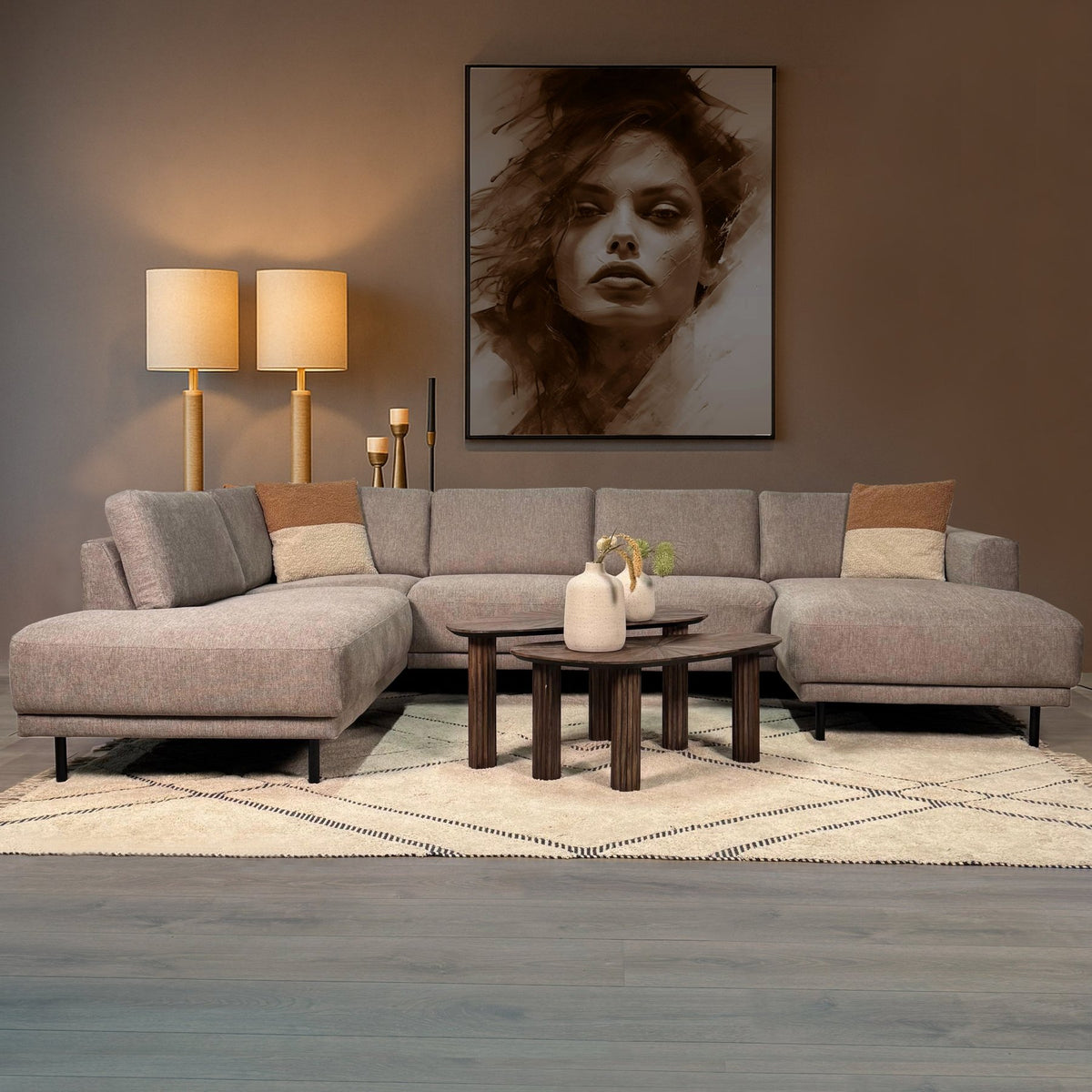 Sofas - Modern U - Sofa Corner Sofa Taupe Fabric - Left - 310x197x142 cm - Aniko - Dimehouse