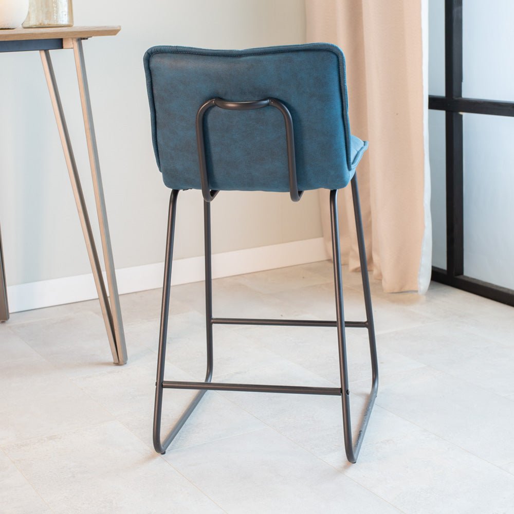 Bar Stools - Industrial Bar Stool Blue Jelle Microfiber Fabric - Seat Height 65 cm - Without Arm - Dimehouse