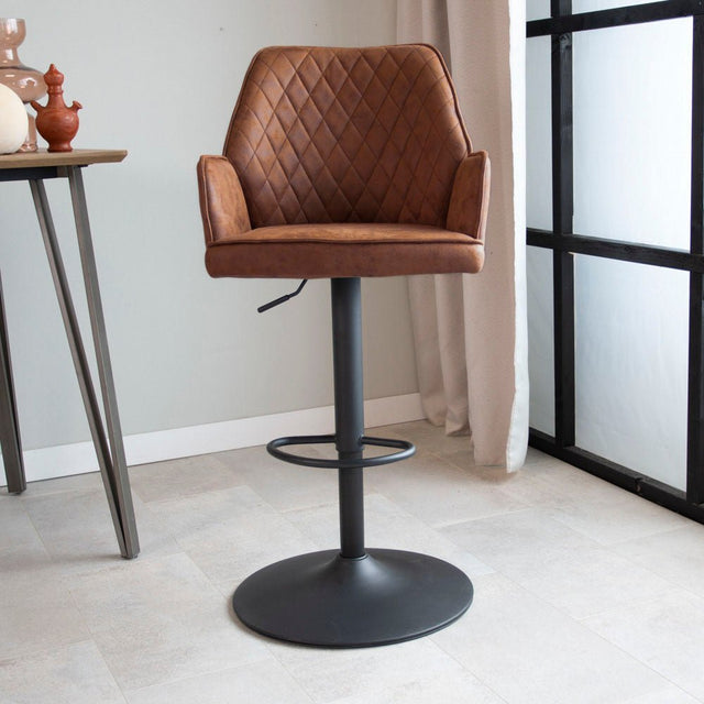 Bar Stools - Swivel Bar Stool Cognac Microfiber Fabric Novan - Adjustable - With Armrests - Dimehouse