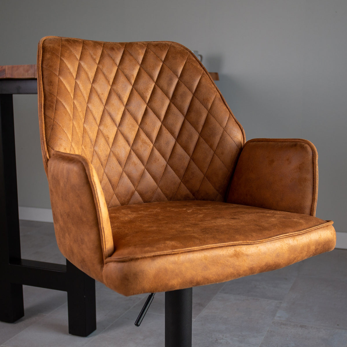 Bar Stools - Swivel Bar Stool Cognac Microfiber Fabric Novan - Adjustable - With Armrests - Dimehouse