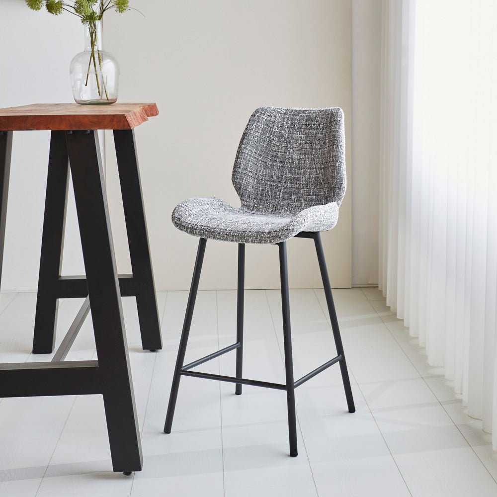 Bar Stools - Beau Bar Stool Light Gray Chenille Fabric - 67 cm Seat Height - Without Armrests - Dimehouse
