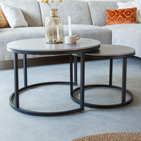 Coffee tables - Coffee table set of 2 Trevor marble gray round - Dimehouse