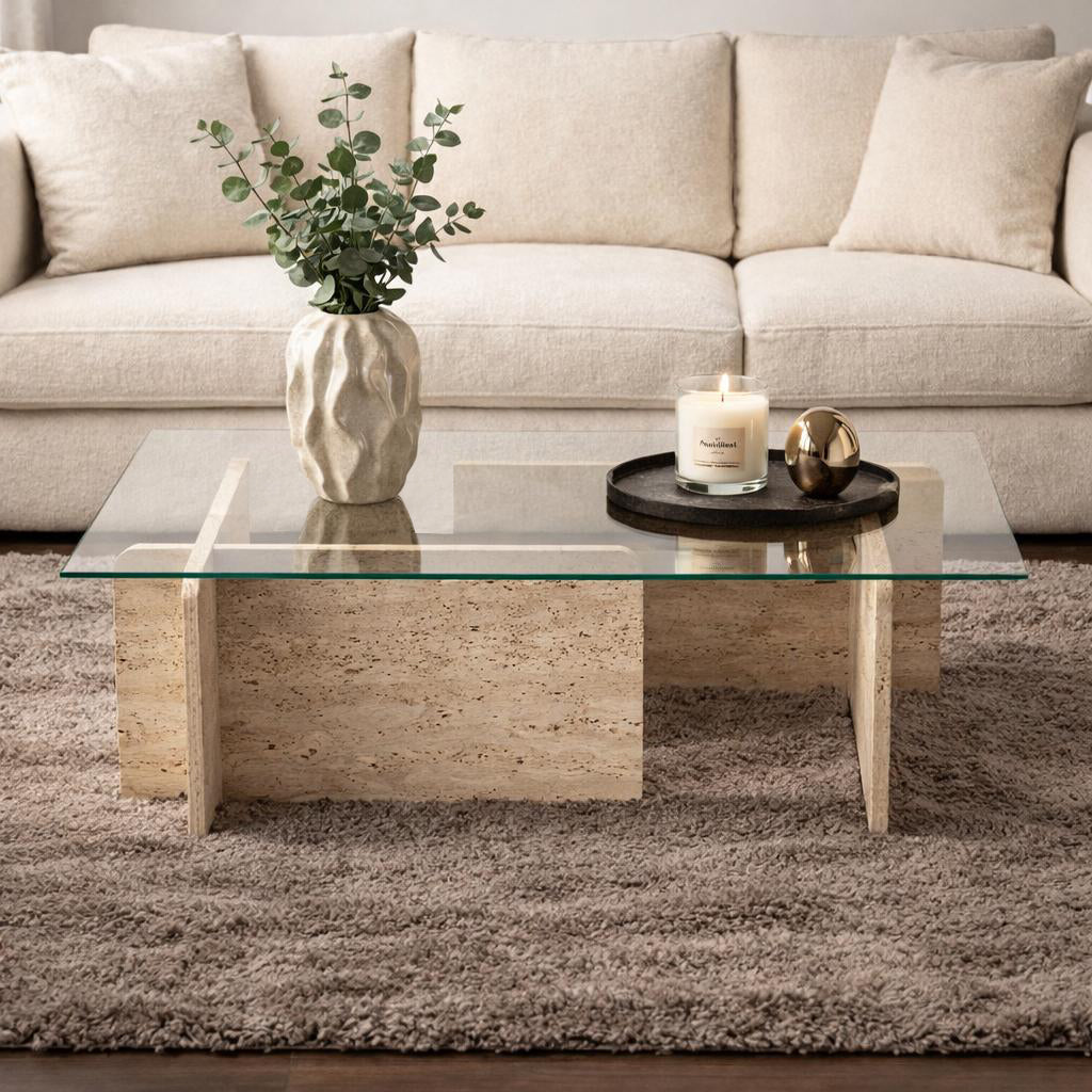 Coffee tables - Coffee table travertine glass Opal 105x65 cm - Dimehouse