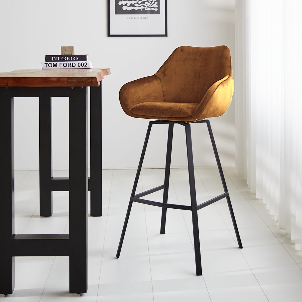 Bar stool Elise Velvet Dimehouse Cognac LxWxH 95x59x57 Velvet Atmospheric photo diagonal front view