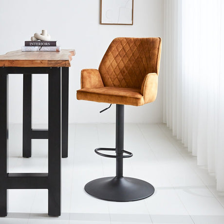 Barstool Novan velvet Dimehouse Cognac LxWxH 75x58x54 Fabric Atmospheric photo diagonal front view