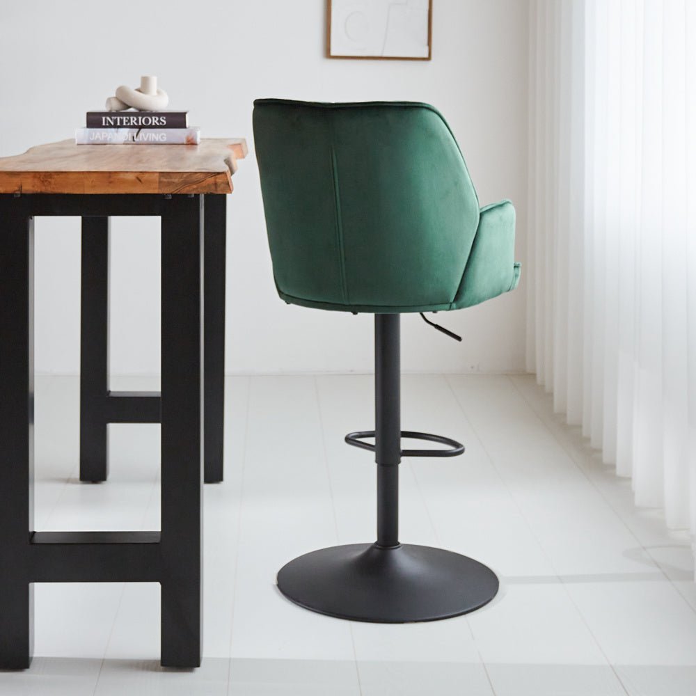 Barstool Novan velvet Dimehouse Green LxWxH 75x58x54 Fabric Atmospheric photo diagonal rear view
