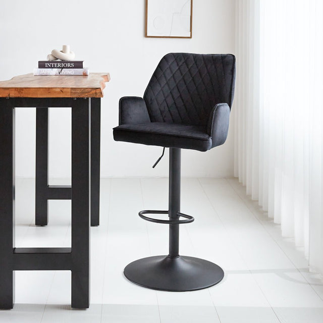Barstool Novan velvet Dimehouse Black LxWxH 75x58x54 Fabric Atmospheric photo diagonal front view