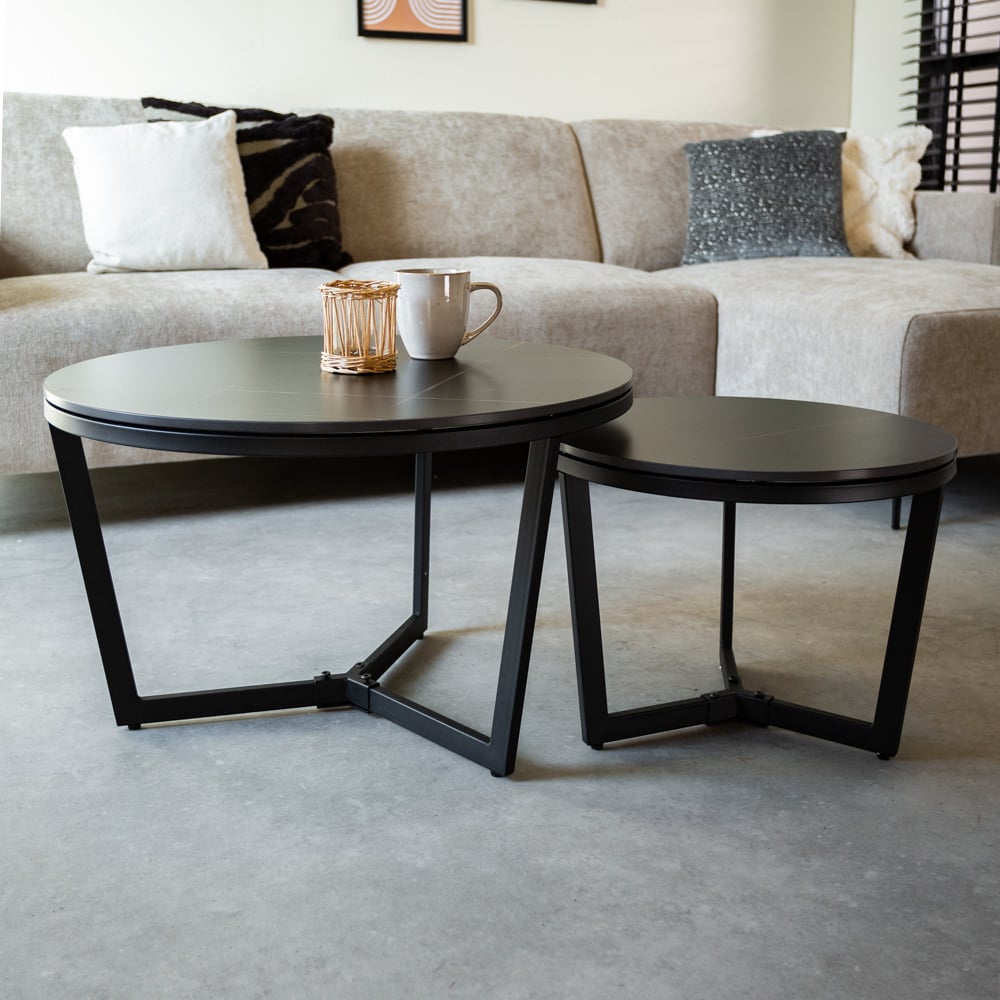 Coffee table Brady Black Dimehouse Black LxWxH 80x80x11 Sintered stone Atmospheric photo diagonal front view