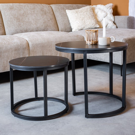 Coffee table Paige Black Dimehouse Black LxWxH 57x56x53 Sintered stone Atmospheric photo diagonal front view