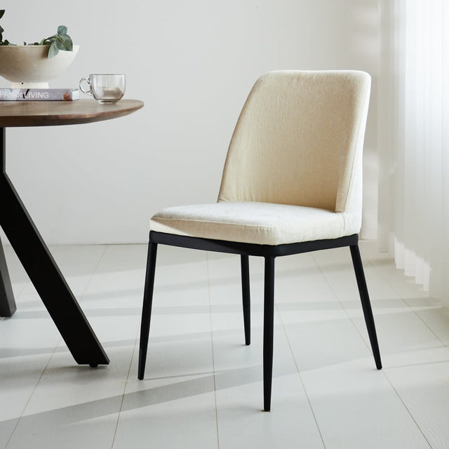 Dining room chair Noli Chenille Dimehouse White LxWxH 73x65x53 Fabric Atmospheric photo diagonal front view